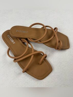 Fitory Brown Strappy Slide Sandals Square Toe Minimalist Size 10